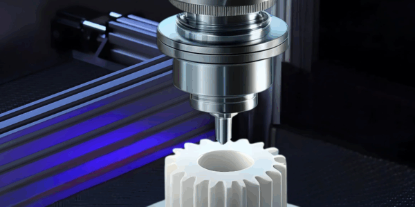 CNC machine machining a gear wheel – symbolizing modern, individually developed postprocessors from ECS